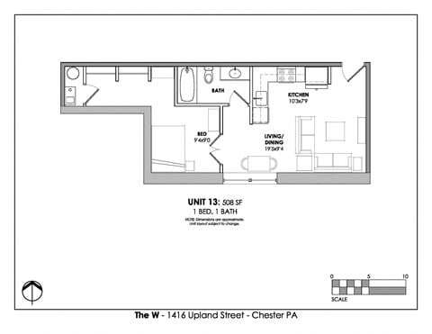 Floor plan for 1 bed, 1 bath, 508 sqft